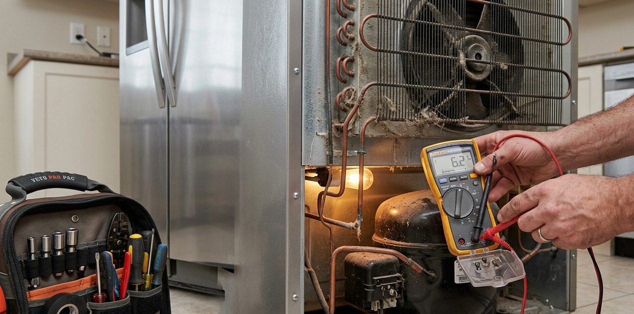 Technician using a multimeter behind a refrigerator