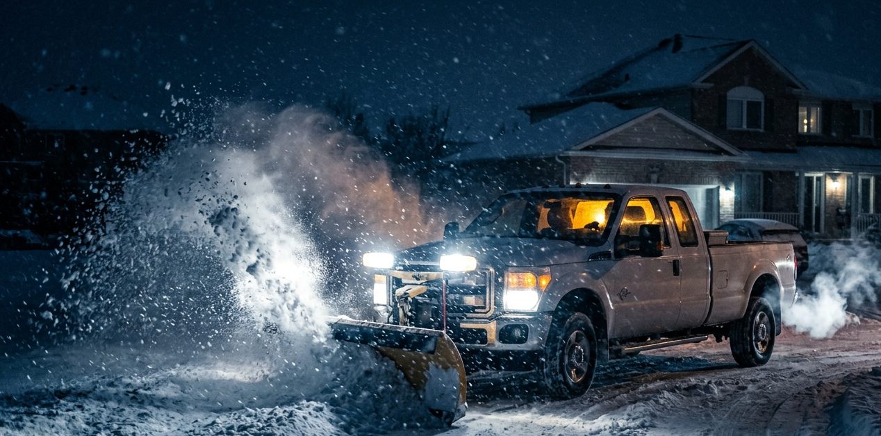 Plow truck clearing a driveway at night